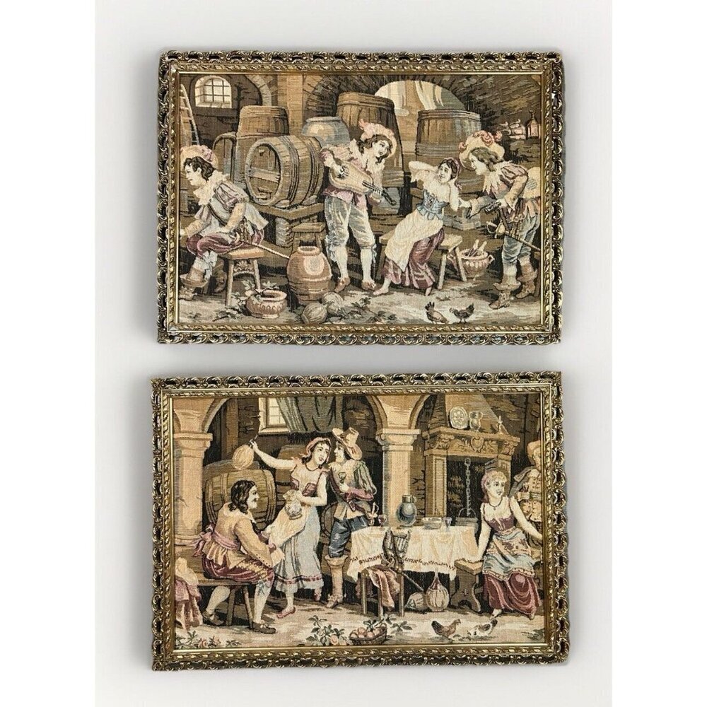 Pair Of Vintage French Tapestry Framed Antique Victorian Social Scene